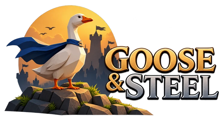 Goose & Steel: a cloaked goose standing on a rocky hill, with a golden sun and medieval castles behind it