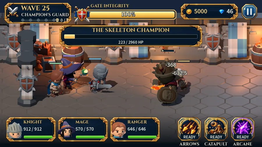 Skeleton Siege development gameplay: three heroes defending a courtyard from the Skeleton Champion.