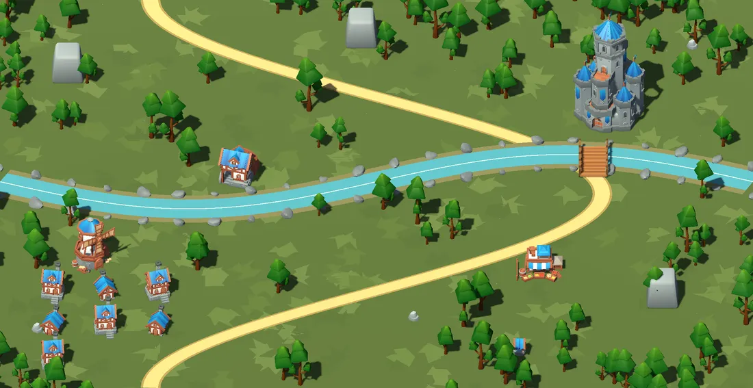 The actual Skeleton Siege illustrated campaign scenery, featuring a blue-roofed castle, winding roads and a river.
